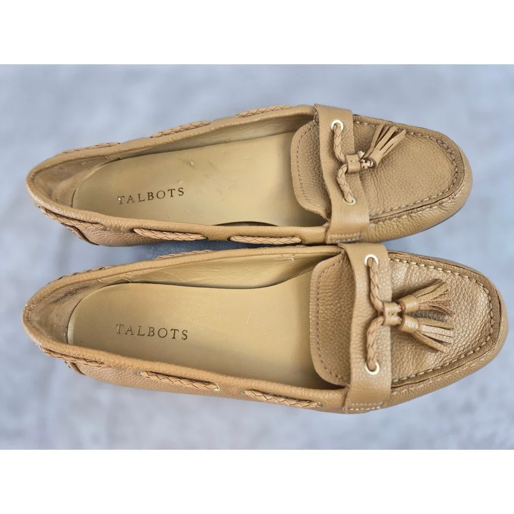 Talbots Womens Tan Pebbled Leather Tassel Driving Loafers Moc Toe Flats Size 9M
